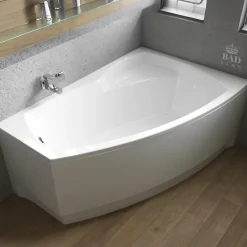 Baignoire D'Angle|Badland Baignoire asymétrique 150 x 90 Droite FRIDA acrylique blanc + avec Tablier + Pieds + Vidage à chromé