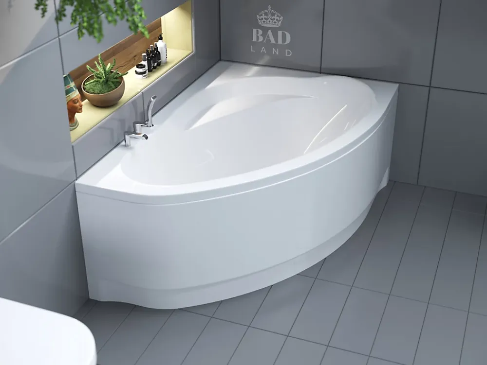 Baignoire D'Angle|Badland Baignoire asymétrique 150 x 100 Droite MAREA acrylique blanc + avec Tablier + Pieds + Vidage à chromé