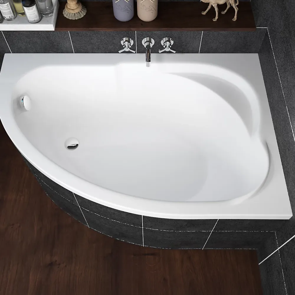 Baignoire D'Angle|Badland Baignoire asymétrique 130 x 85 Droite STANDARD acrylique blanc + Habillage en polystyrène + Pieds + Vidage à chromé