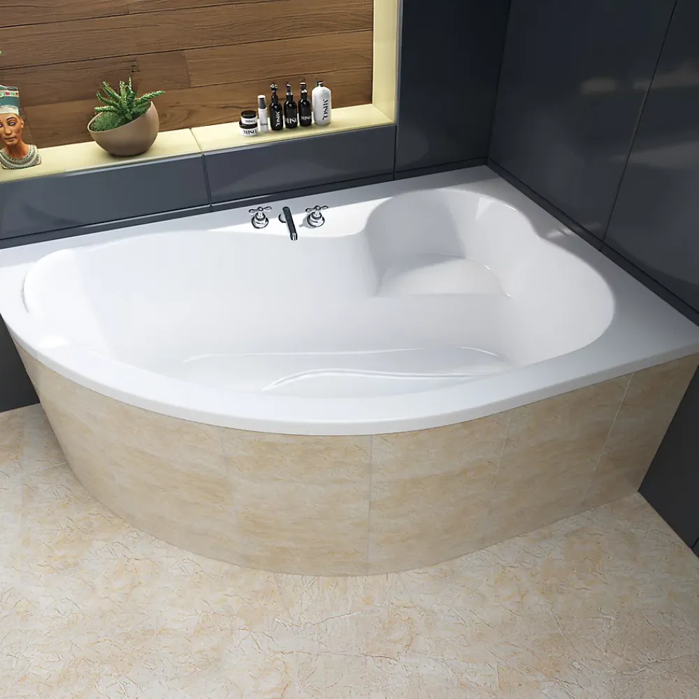 Baignoire D'Angle|Badland Baignoire asymétrique 160 x 105 Droite MEGA acrylique blanc + Habillage en polystyrène + Pieds + Vidage à chromé