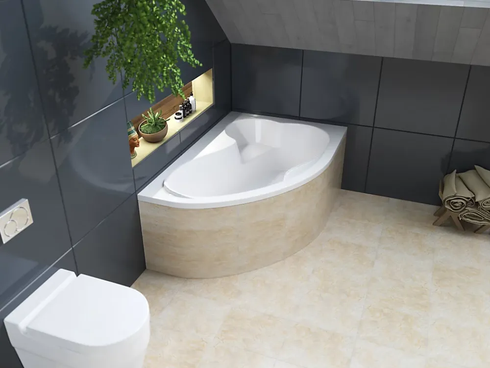 Baignoire D'Angle|Badland Baignoire asymétrique 160 x 105 Droite MEGA acrylique blanc + Habillage en polystyrène + Pieds + Vidage à chromé