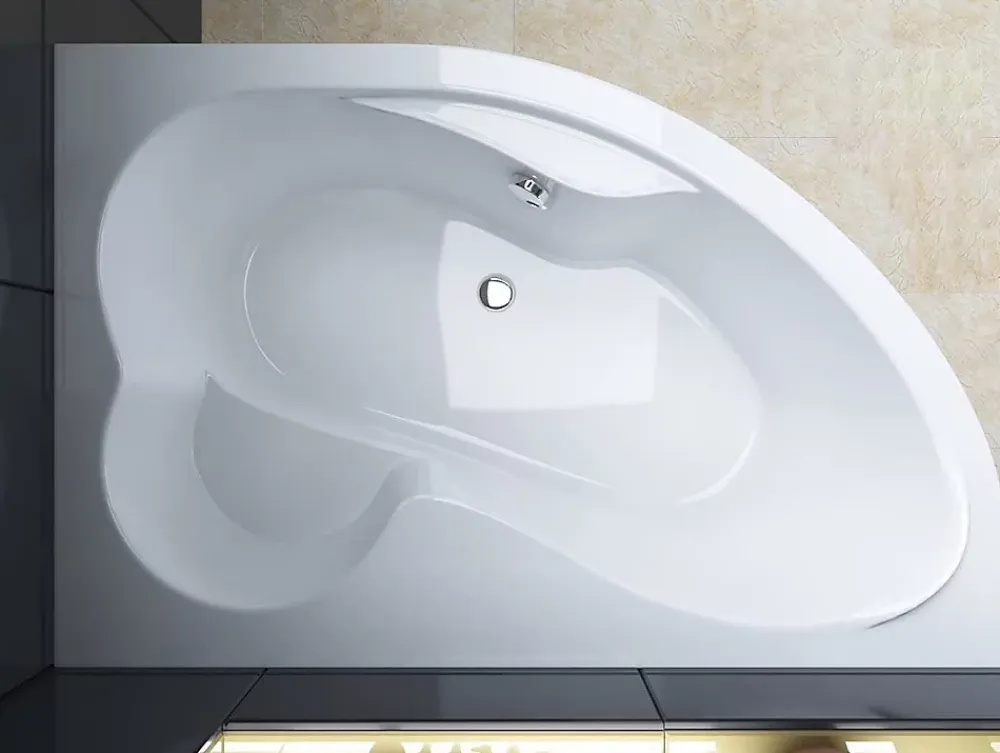Baignoire D'Angle|Badland Baignoire asymétrique 160 x 105 Droite MEGA acrylique blanc + Habillage en polystyrène + Pieds + Vidage à chromé