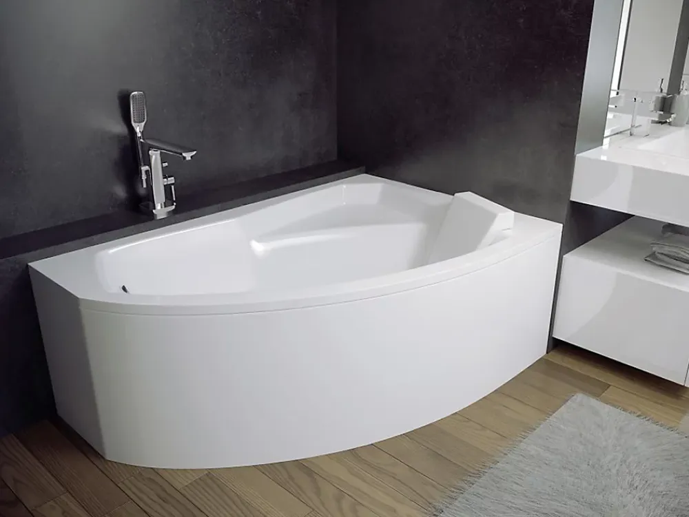 Baignoire D'Angle|Badland Baignoire asymétrique 140 x 90 Droite RIMA acrylique blanc + Habillage en polystyrène + Pieds + Vidage à chromé