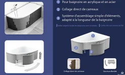 Baignoire D'Angle|Badland Baignoire asymétrique 150 x 100 Droite FRIDA acrylique blanc + Habillage en polystyrène + Pieds + Vidage à chromé
