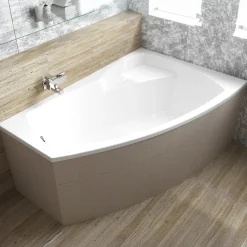 Baignoire D'Angle|Badland Baignoire asymétrique 150 x 90 Droite FRIDA acrylique blanc + Habillage en polystyrène + Pieds + Vidage à chromé