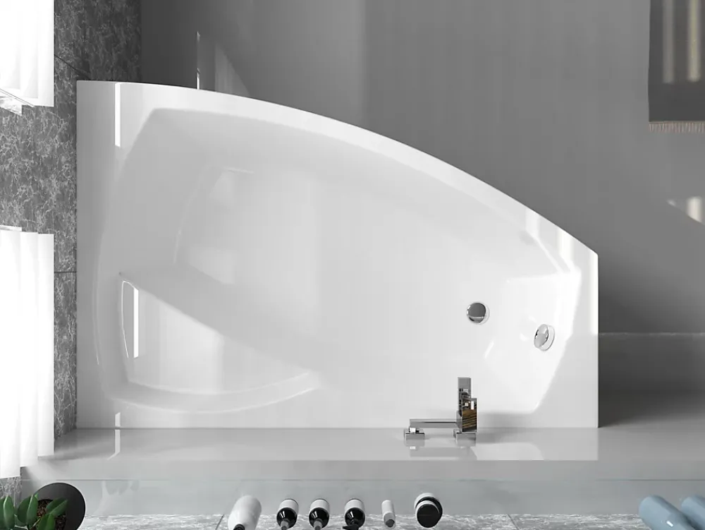 Baignoire D'Angle|Badland Baignoire asymétrique 150 x 90 Droite FRIDA acrylique blanc + Habillage en polystyrène + Pieds + Vidage à chromé