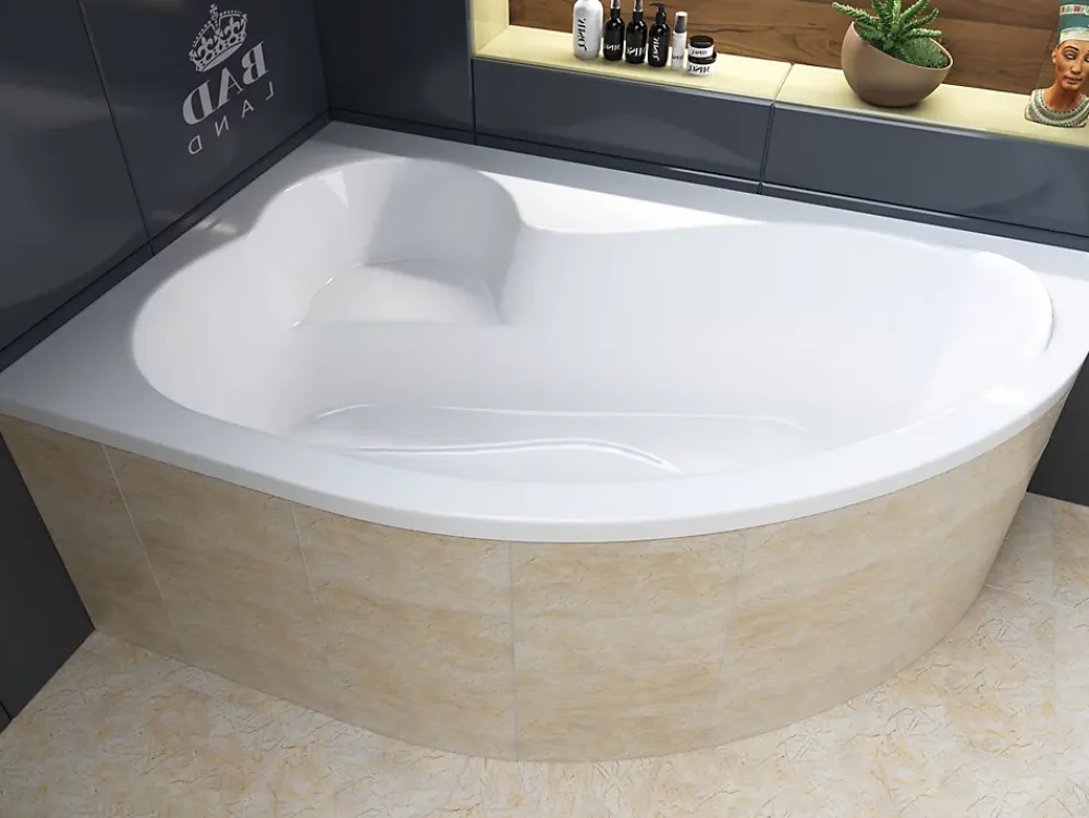 Baignoire D'Angle|Badland Baignoire asymétrique 160 x 105 Gauche MEGA acrylique blanc, sans Habillage + Pieds + Vidage à chromé