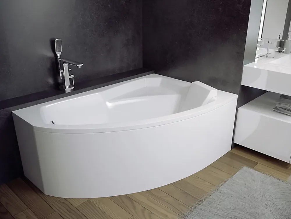 Baignoire D'Angle|Badland Baignoire asymétrique 130 x 85 Droite RIMA acrylique blanc + avec Tablier + Repose Tête + Pieds + Vidage à chromé