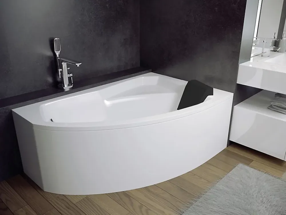 Baignoire D'Angle|Badland Baignoire asymétrique 140 x 90 Droite RIMA acrylique blanc + Habillage en polystyrène + Repose Tête + Pieds + Vidage à chromé