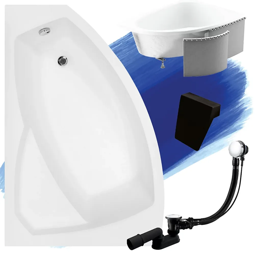 Baignoire D'Angle|Badland Baignoire asymétrique 160 x 100 Gauche RIMA acrylique blanc + Habillage en polystyrène + Repose Tête + Pieds + Vidage à chromé