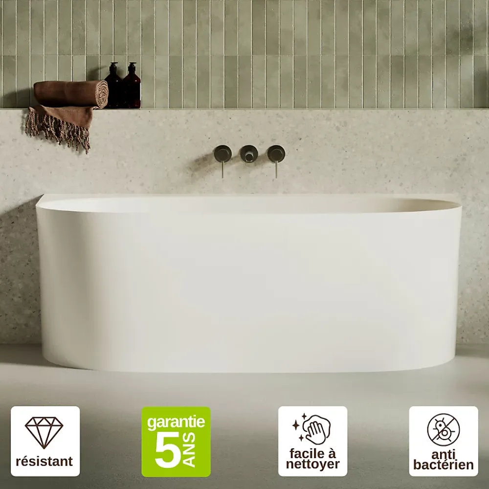 Baignoire Asymétrique|Lavaberg Baignoire asymétrique 158 x 86 x 58 cm Blanc Mat en minéral composite - Mod. FROSK sans Trop Plein