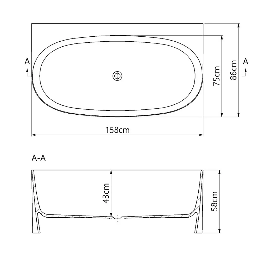 Baignoire Asymétrique|Lavaberg Baignoire asymétrique 158 x 86 x 58 cm Blanc Mat en minéral composite - Mod. FROSK sans Trop Plein