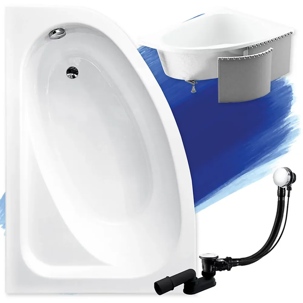 Baignoire D'Angle|Badland Baignoire asymétrique 150 x 100 Gauche CORNEA acrylique blanc + Habillage en polystyrène + Pieds + Vidage à chromé