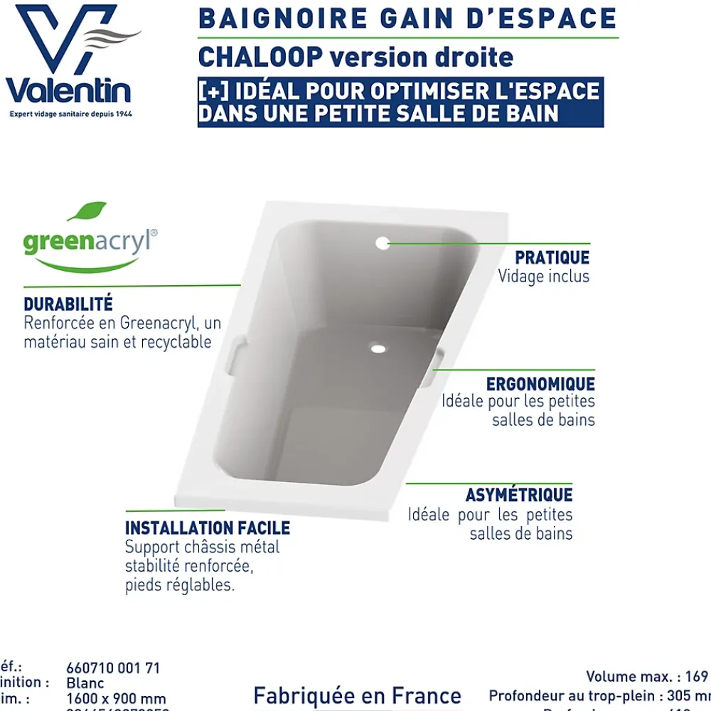 Baignoire Asymétrique|Valentin Baignoire asymétrique angle droit Chaloop L.160 x l.90 cm sans tablier