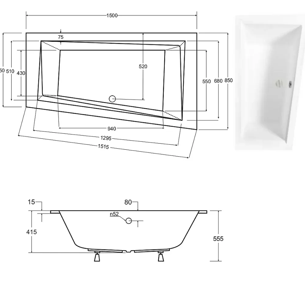 Baignoire Asymétrique|Besco Baignoire asymétrique blanche encastrée + repose tête - INTIMA SLIM - 150 x 85 cm - droite