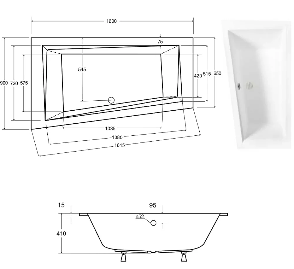 Baignoire Asymétrique|Besco Baignoire asymétrique blanche encastrée + repose tête - INTIMA SLIM - 160 x 90 cm - gauche