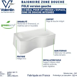Baignoire Asymétrique|Valentin Baignoire asymétrique d'angle gauche Folk 180 x 90 cm sans tablier