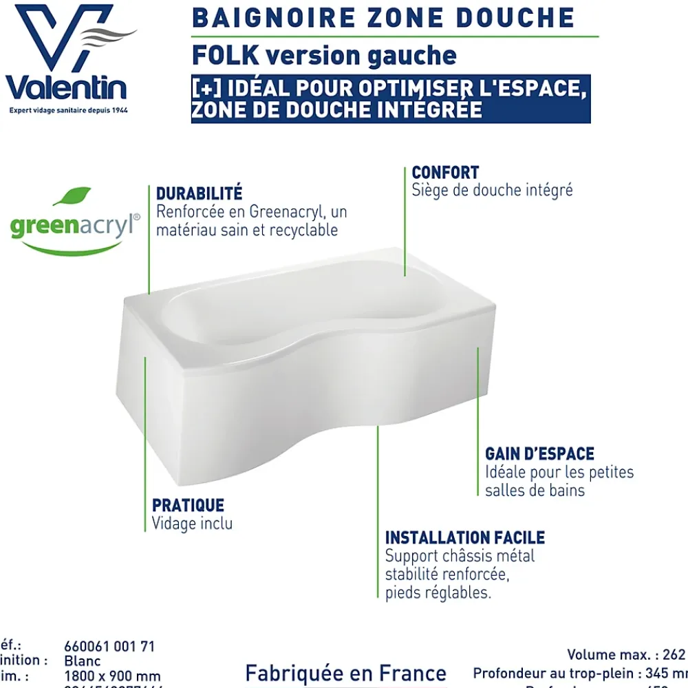Baignoire Asymétrique|Valentin Baignoire asymétrique d'angle gauche Folk 180 x 90 cm sans tablier