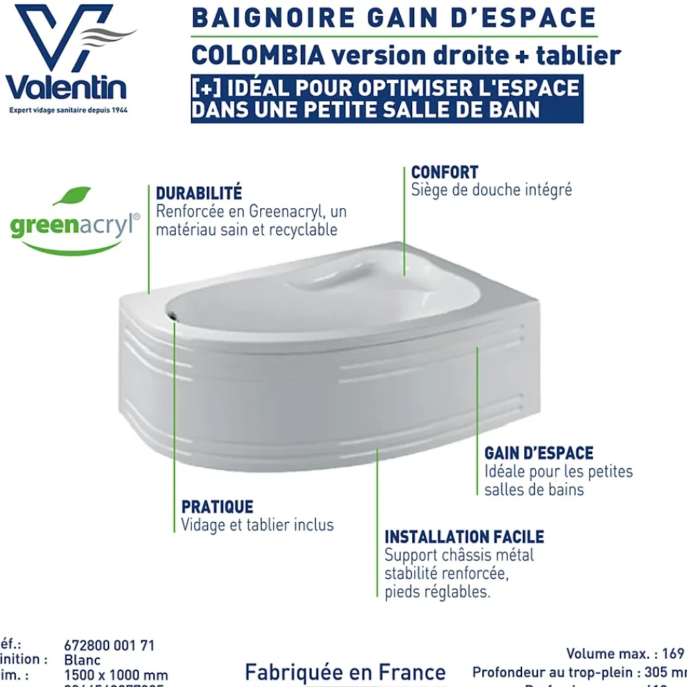 Baignoire Asymétrique|Valentin Baignoire asymétrique d'angle droit Colombia 150 x 100 cm + tablier