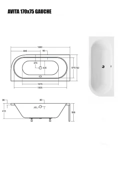 Besco Baignoire Asymétrique sans Tablier - 170 x 75 cm - AVITA SANS TABLIER - GAUCHE - 1 REPOSE-TÊTE OFFERT