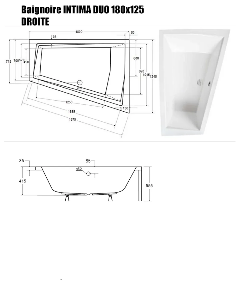 Baignoire Droite|Besco Baignoire Asymétrique sans Tablier - 180 x 125 cm - INTIMA DUO SANS TABLIER- DROITE - 2 REPOSE-TÊTES OFFERTS