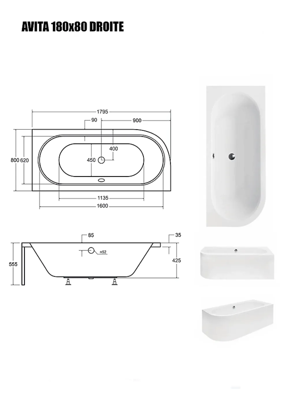 Besco Baignoire Asymétrique sans Tablier - 180 x 80 cm - AVITA SANS TABLIER - DROITE - 1 REPOSE-TÊTE OFFERT
