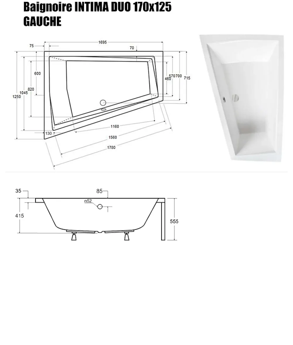 Baignoire Droite|Besco Baignoire Asymétrique sans Tablier - 170 x 125 cm - INTIMA DUO SANS TABLIER - GAUCHE - 2 REPOSE-TÊTES OFFERTS