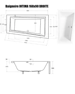 Besco Baignoire Asymétrique sans Tablier - 160 x 90 cm - INTIMA SANS TABLIER - DROITE - avec Repose tête OFFERT