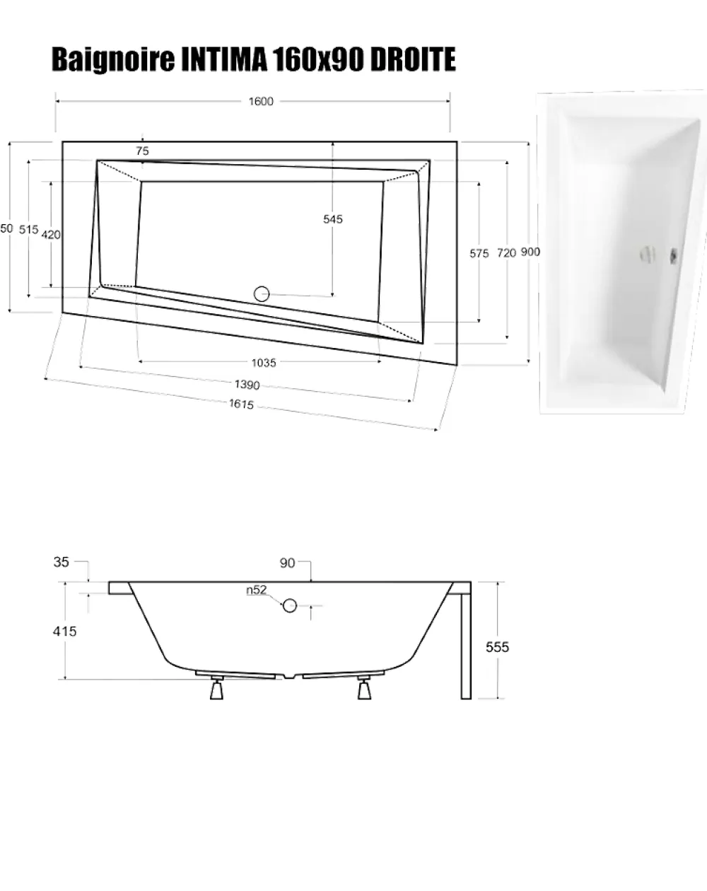Besco Baignoire Asymétrique sans Tablier - 160 x 90 cm - INTIMA SANS TABLIER - DROITE - avec Repose tête OFFERT