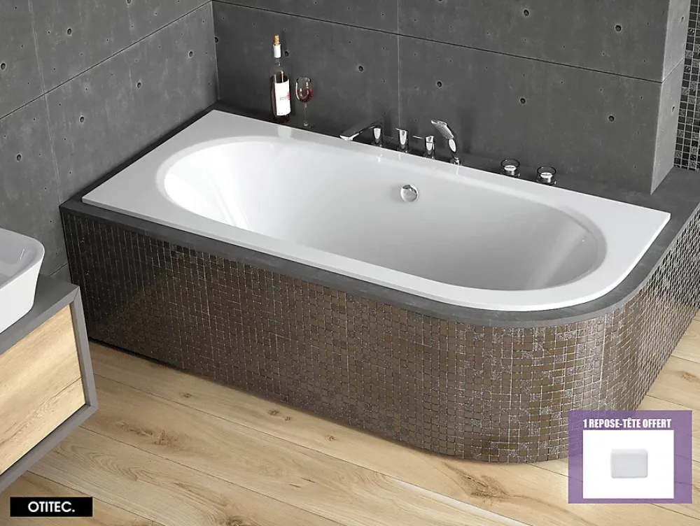 Besco Baignoire Asymétrique sans Tablier - 150 x 75 cm - AVITA SANS TABLIER - GAUCHE - 1 REPOSE-TÊTE OFFERT
