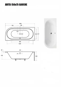 Besco Baignoire Asymétrique sans Tablier - 150 x 75 cm - AVITA SANS TABLIER - GAUCHE - 1 REPOSE-TÊTE OFFERT