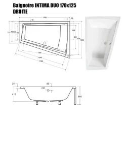 Baignoire Droite|Besco Baignoire Asymétrique sans Tablier - 170 x 125 cm - INTIMA DUO SANS TABLIER - DROITE - 2 REPOSE-TÊTES OFFERTS