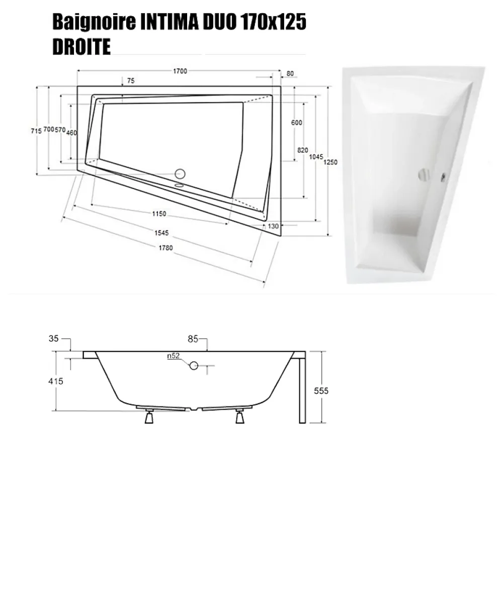 Baignoire Droite|Besco Baignoire Asymétrique sans Tablier - 170 x 125 cm - INTIMA DUO SANS TABLIER - DROITE - 2 REPOSE-TÊTES OFFERTS