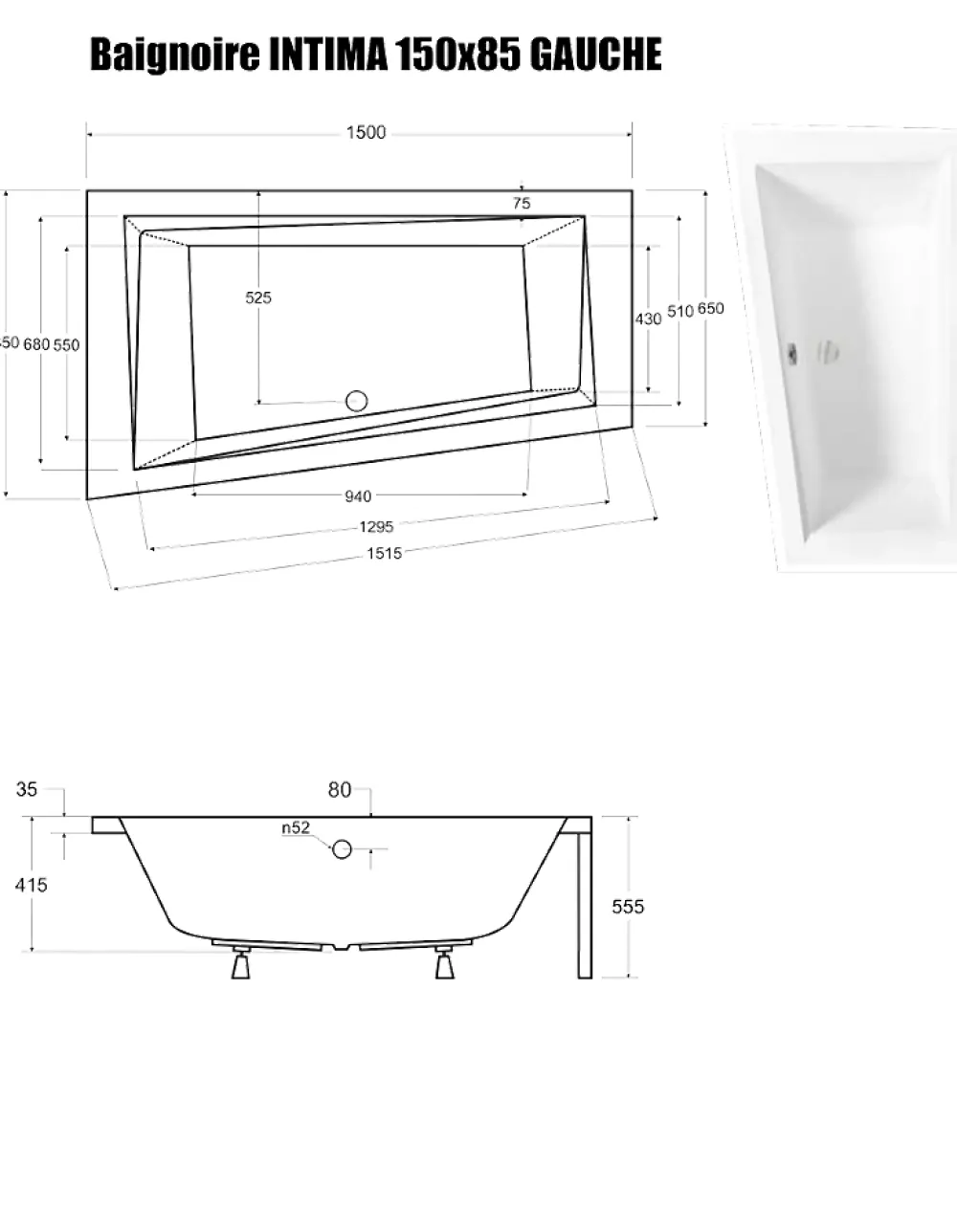 Baignoire Asymétrique|Besco Baignoire Asymétrique sans Tablier - 150 x 85 cm - INTIMA SANS TABLIER - GAUCHE - avec Repose tête OFFERT