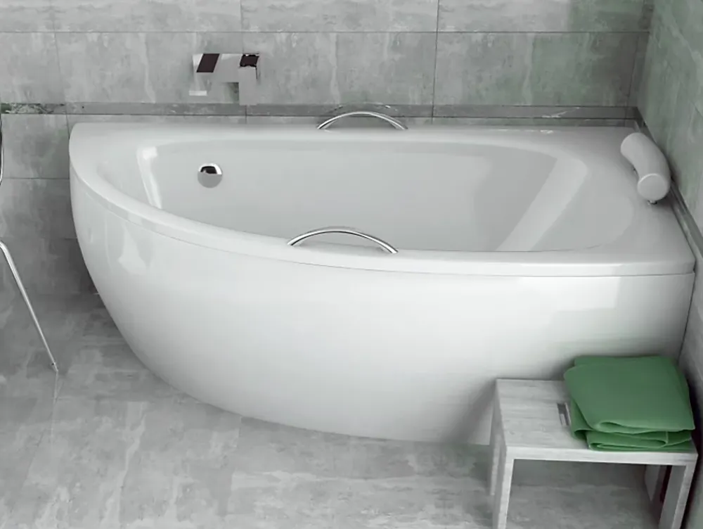 Baignoire D'Angle|Badland Baignoire asymétrique 150x70 Droite MILENA PREMIUM acrylique blanc, sans Habillage +Poignées +Repose Tête +Pieds + Vidage à chromé