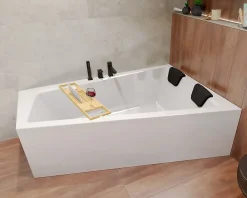 Baignoire D'Angle|Badland Baignoire asymétrique 170x125 Droite INTIMA acrylique blanc, sans Habillage + Repose Tête + Étagère bambou +Pieds Vidage à chromé