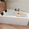 Baignoire D'Angle|Badland Baignoire asymétrique 180x125 Gauche INTIMA acrylique blanc, sans Habillage + Repose Tête + Étagère bambou +Pieds +Vidage à chromé