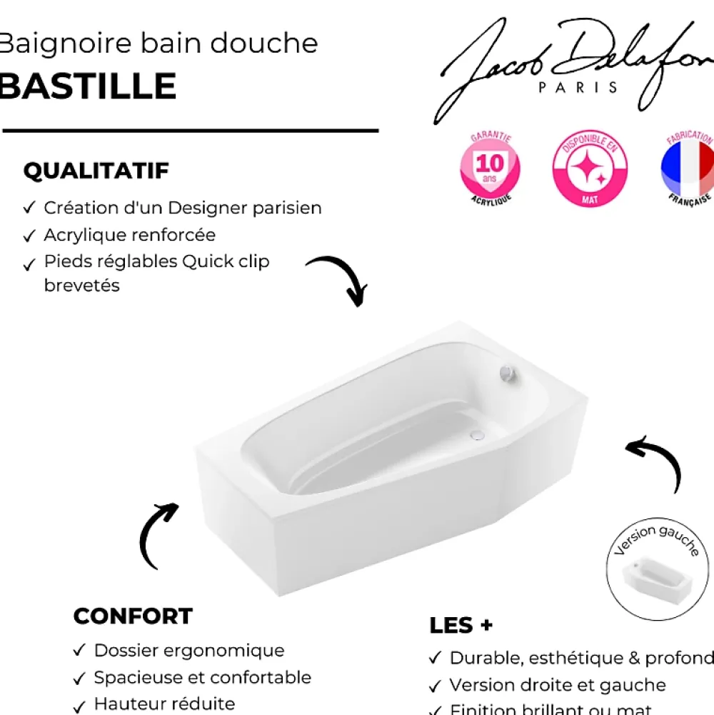 Jacob Delafon Baignoire bain douche 170 x 90 Bastille vidage à droite blanc mat