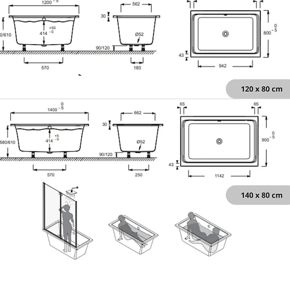 Jacob Delafon Baignoire bain douche 120 X 80 Capsule + marche pieds