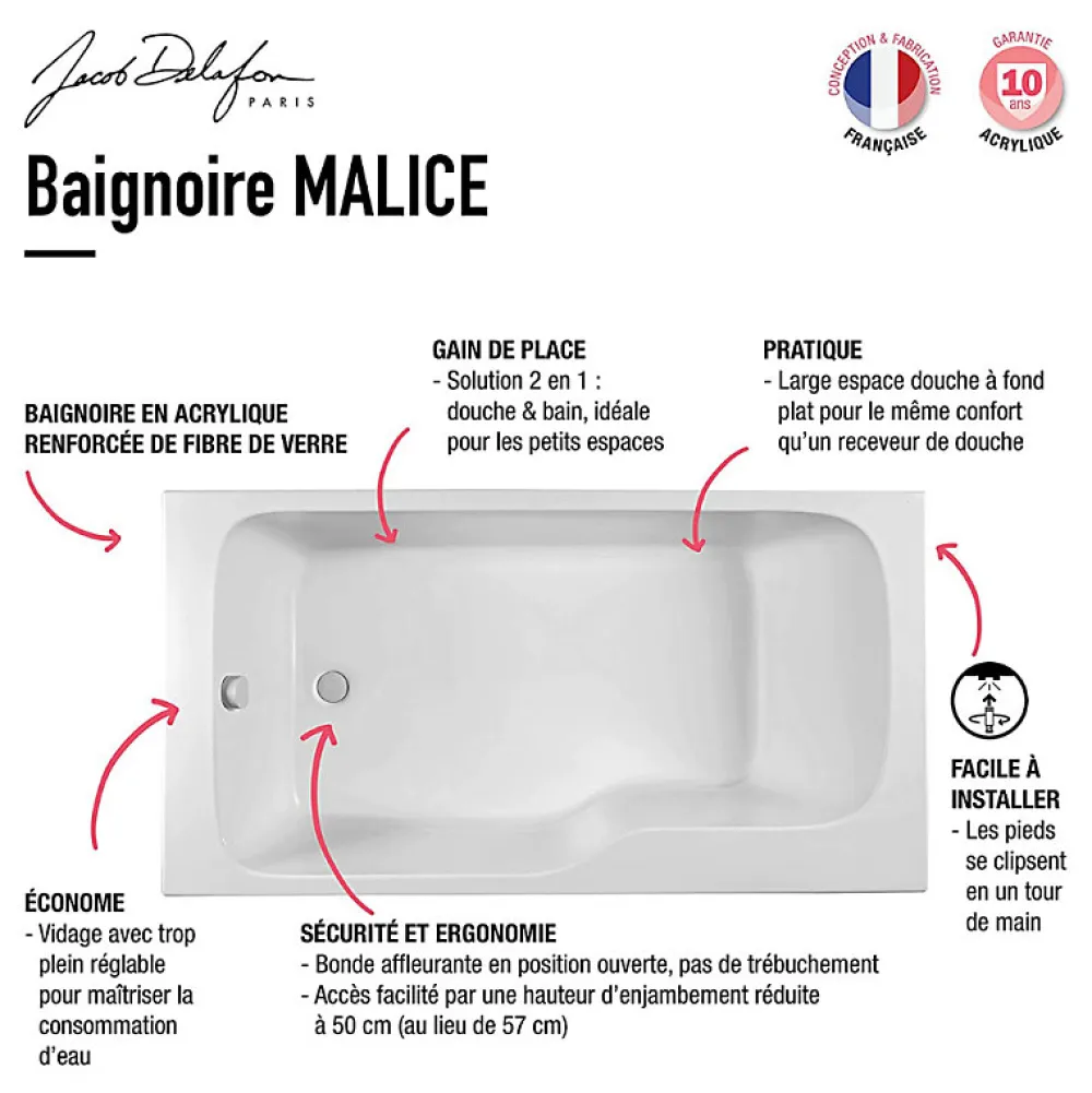 Baignoire Droite|Jacob Delafon Baignoire bain douche Malice version droite Blanc brillant 160 x 85