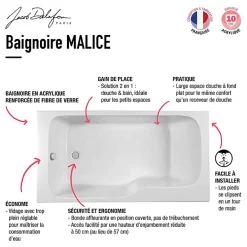 Baignoire Droite|Jacob Delafon Baignoire bain douche Malice, version droite Blanc brillant 170 x 90