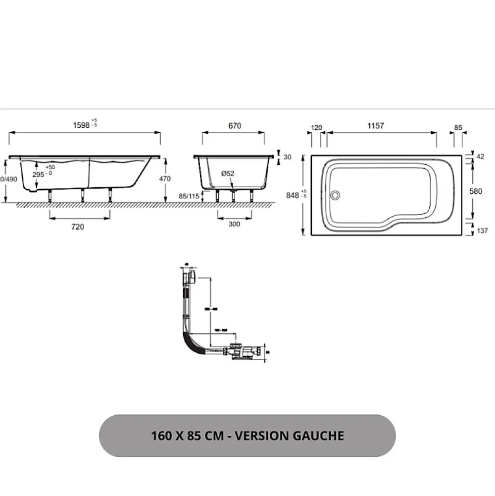 Jacob Delafon Baignoire bain douche Malice antidérapante + tablier angle 160 x 85 gauche