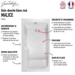 Jacob Delafon Baignoire bain douche Malice, antidérapant, version Gauche Blanc mat 170x90cm