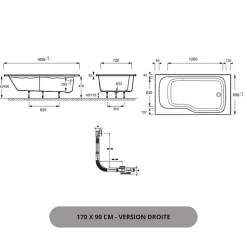 Jacob Delafon Baignoire bain douche Malice antidérapante, version droite 170x90 cm Blanc mat