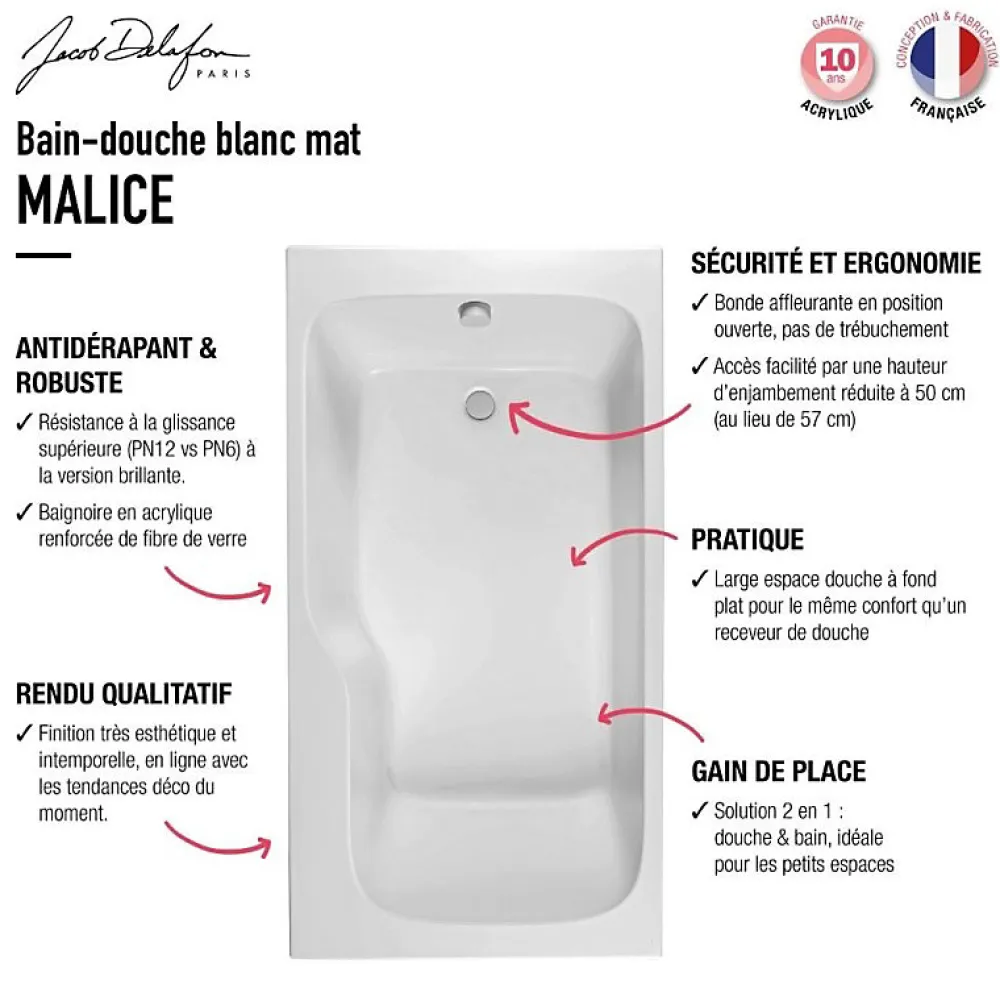 Jacob Delafon Baignoire bain douche Malice 160 x 85 cm version Droite, Blanc mat