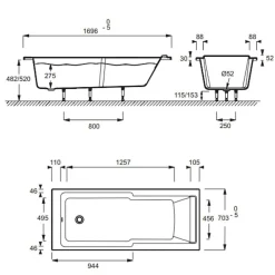 Jacob Delafon Baignoire bain douche Struktura compacte Acrylique renforcé 170 x 70