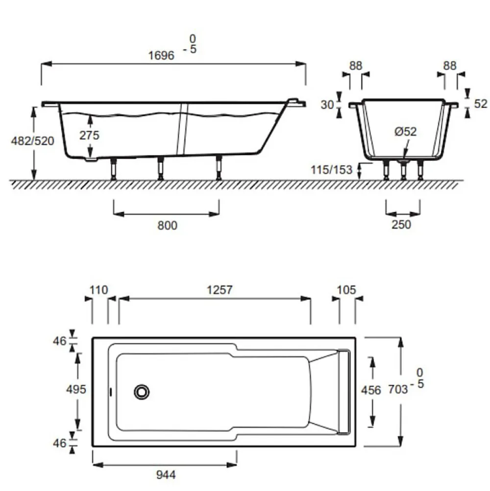 Jacob Delafon Baignoire bain douche Struktura compacte Acrylique renforcé 170 x 70