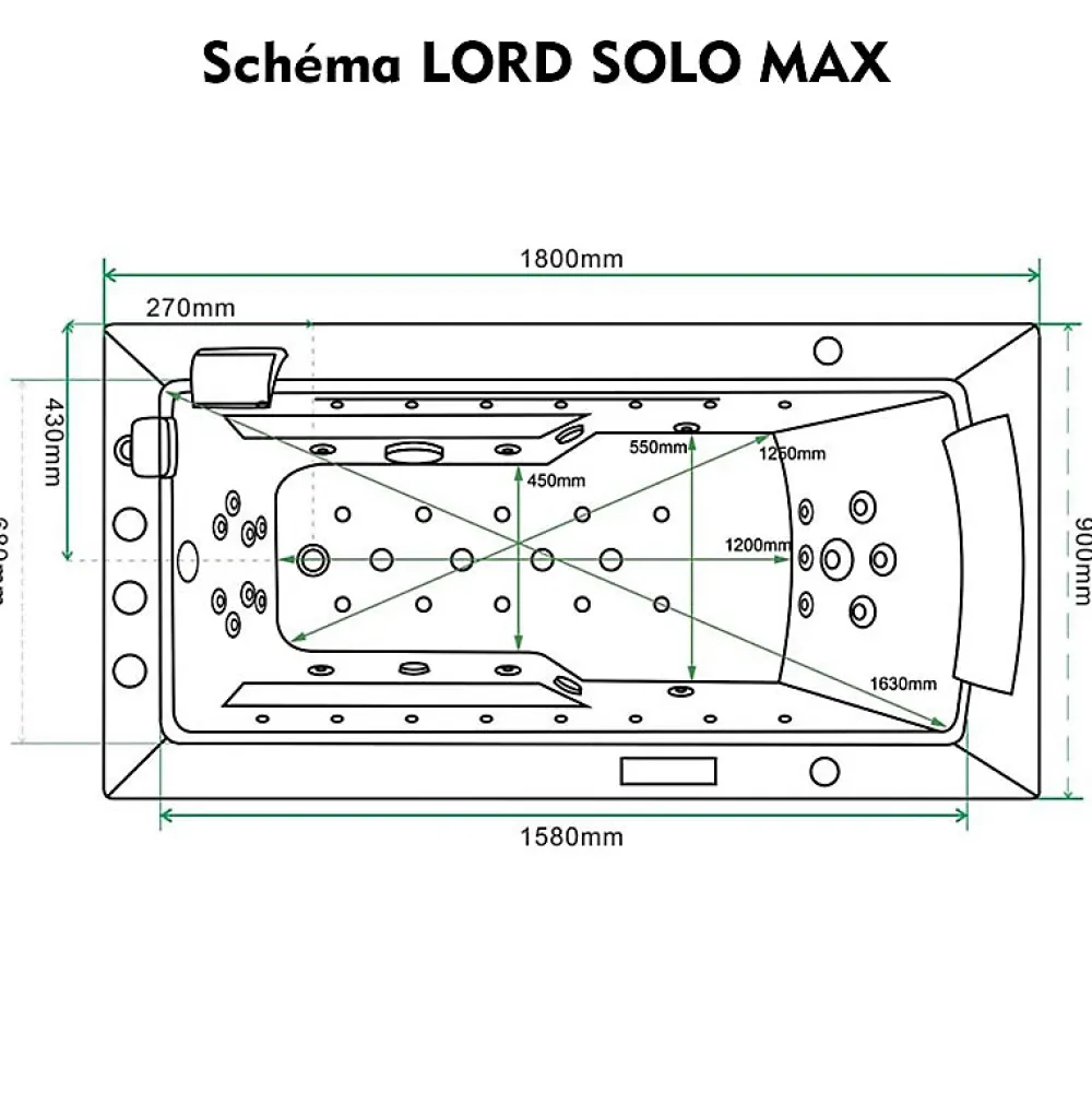 Archipel Baignoire balneo LORD SOLO MAX BLACK 1 place 180X90 - GAUCHE