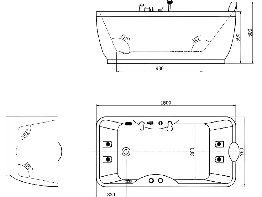 Vente-unique Baignoire balnéo blanche - 1 place - 140L - 150 x 75 x 54,5 cm - Angle gauche - GAVINO