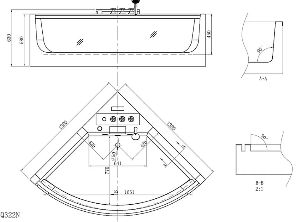 Vente-unique Baignoire balnéo d'angle vitrée - 2 places - 330 L - 138 x 138 x 59 cm - EVELINA